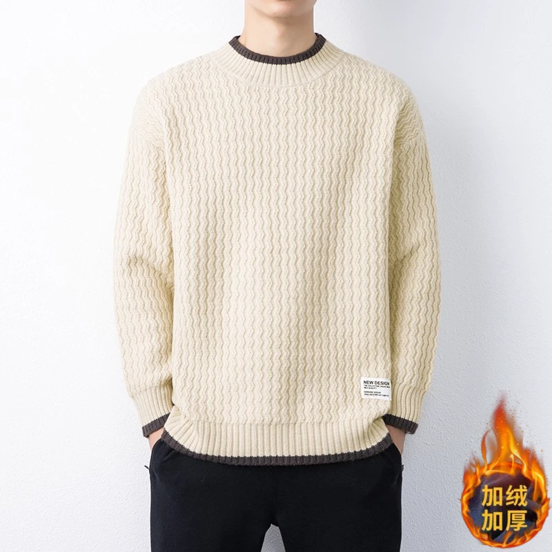 秋冬季男士圆领毛衣潮牌宽松纯色针织衫青少年学生打底加绒羊毛衫
