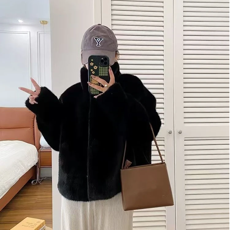 2024冬季立领毛毛短款外套宽松显瘦高级感加厚