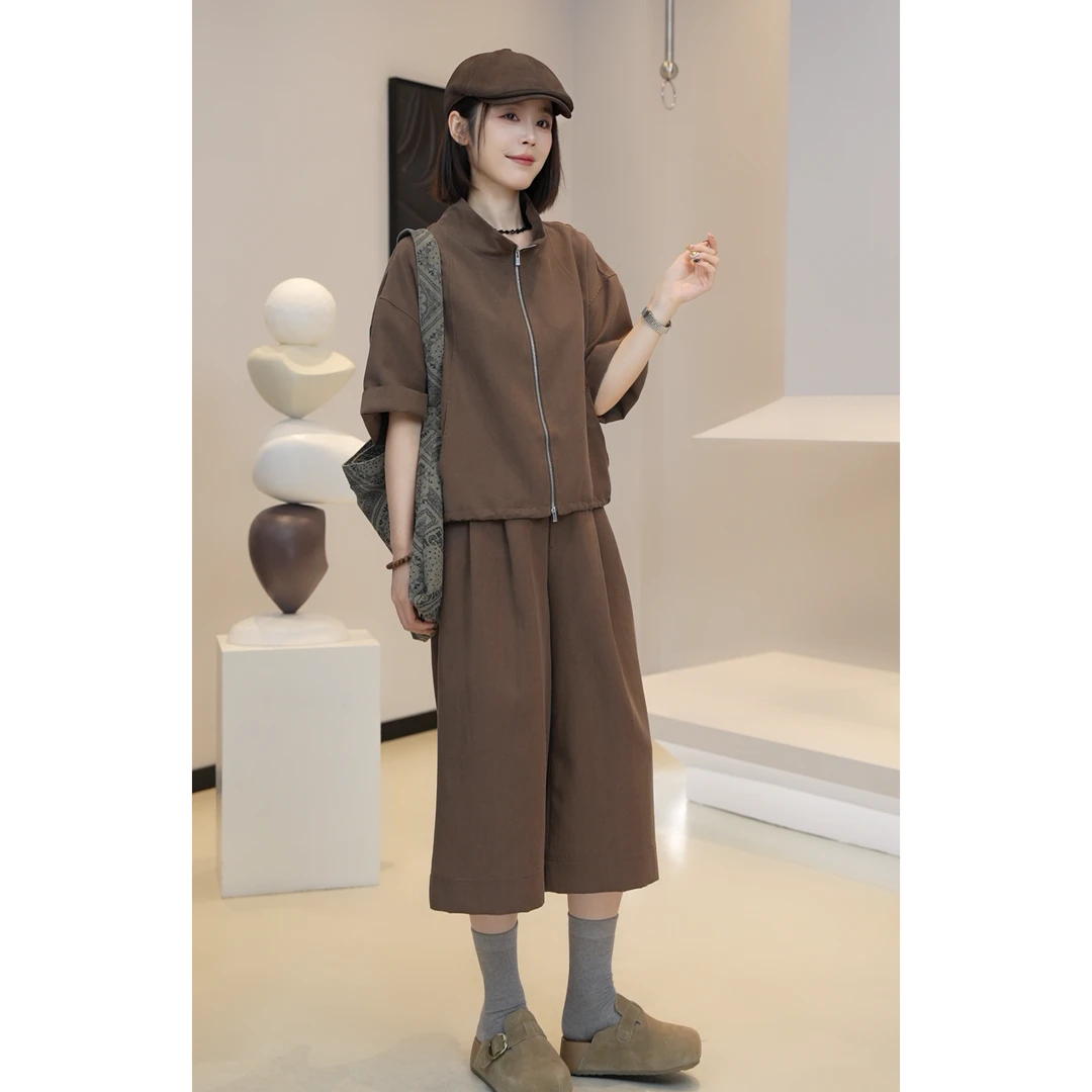 【芜阅】秋季天丝亚麻咖色工装风短袖外套上衣休闲裤两件套E76