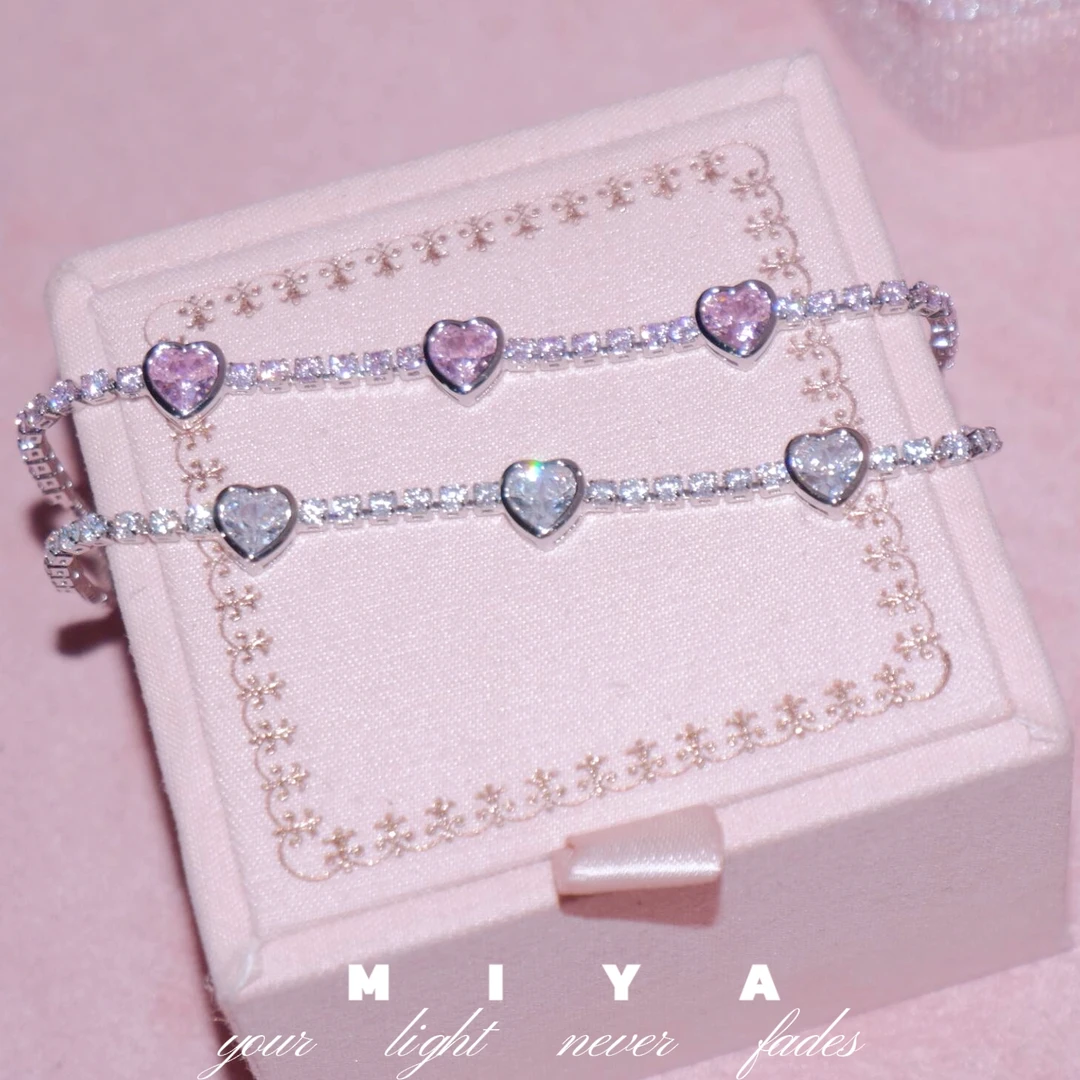 黄铜锆石手链 心动信号~美式辣妹粉紫爱心满锆手链可调节
