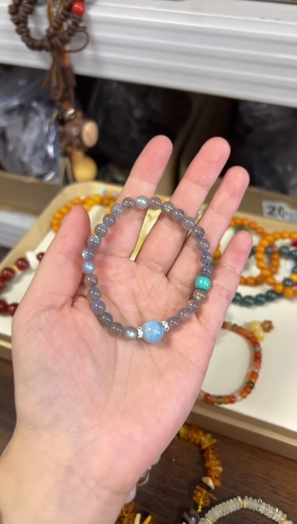 手链未镶嵌拉长石灰月光海蓝宝顶珠款手链[1197]