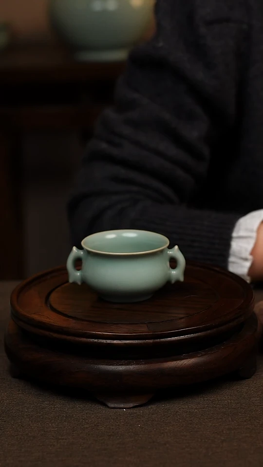 瓷片仿古天青全手工双耳杯60ml 一级 不带礼盒