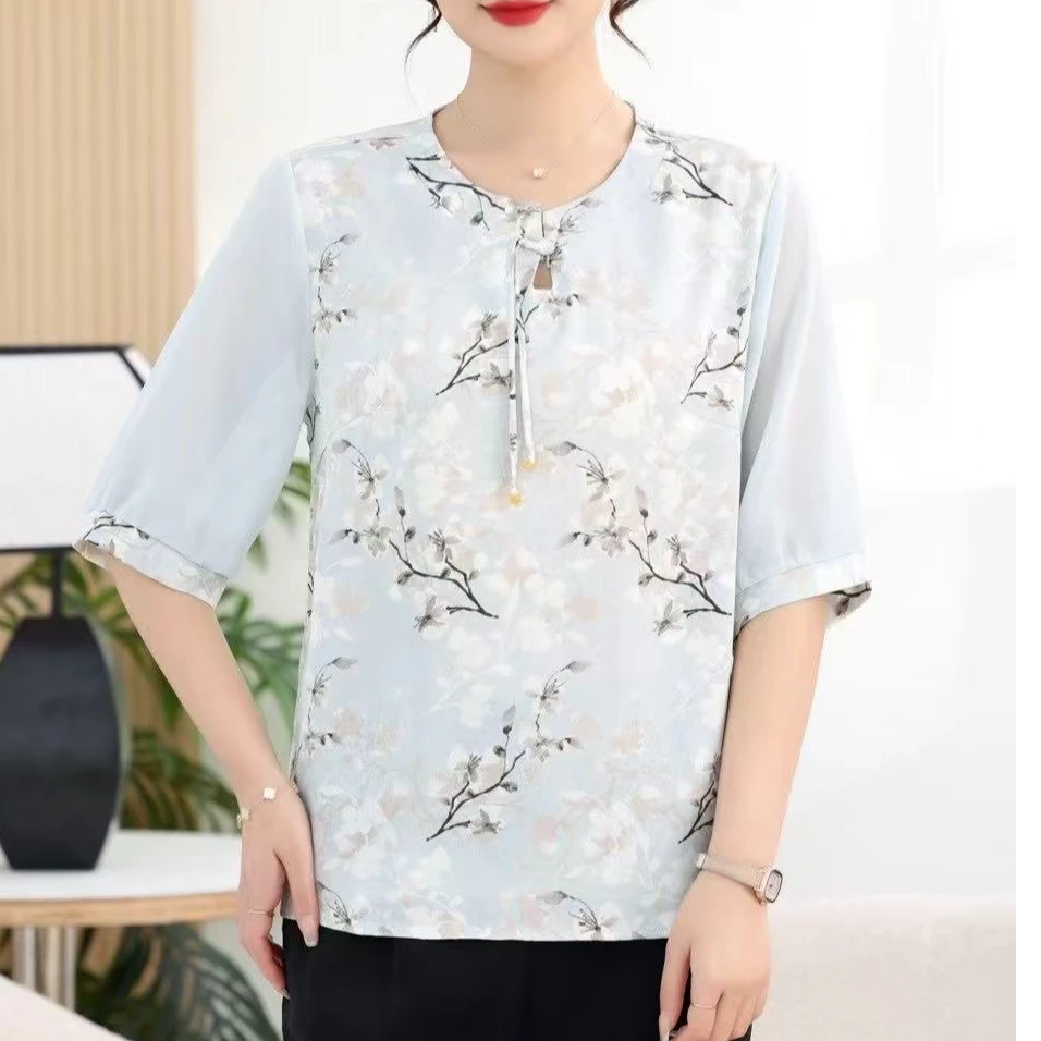 妈妈小衫洋气时尚碎花气质减龄雪纺衫女洋气宽松短袖时髦新款
