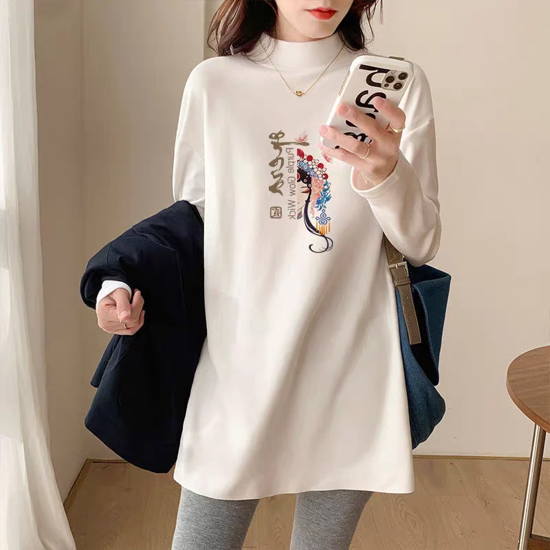 白色半高领德绒加厚保暖长袖T恤女宽松中长款内搭打底衫上衣冬季