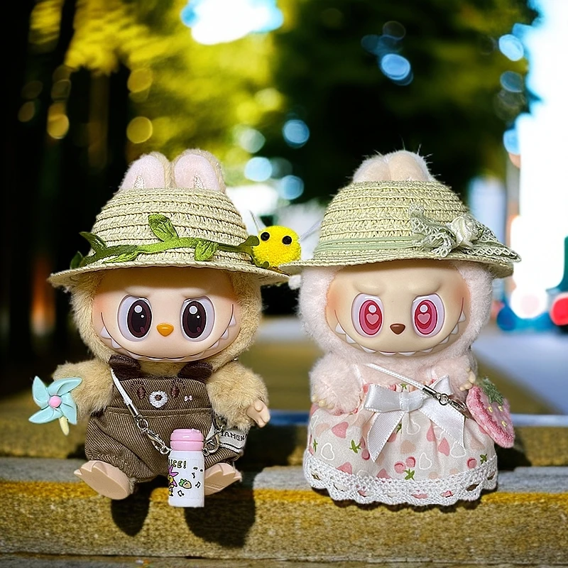 拉布布衣服可爱草莓Labubu娃衣编织草帽一二代搪胶挂件diy