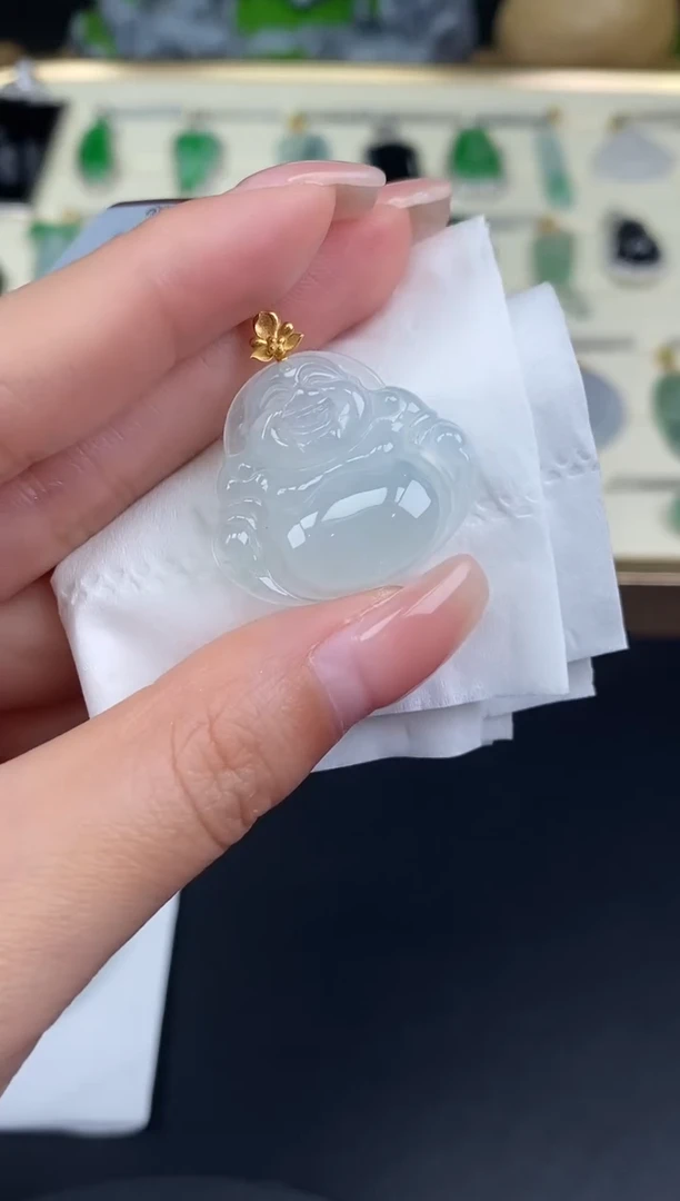 吊坠(不含链)18K金镶嵌翡翠佛公18K金扣镶嵌@@CMT