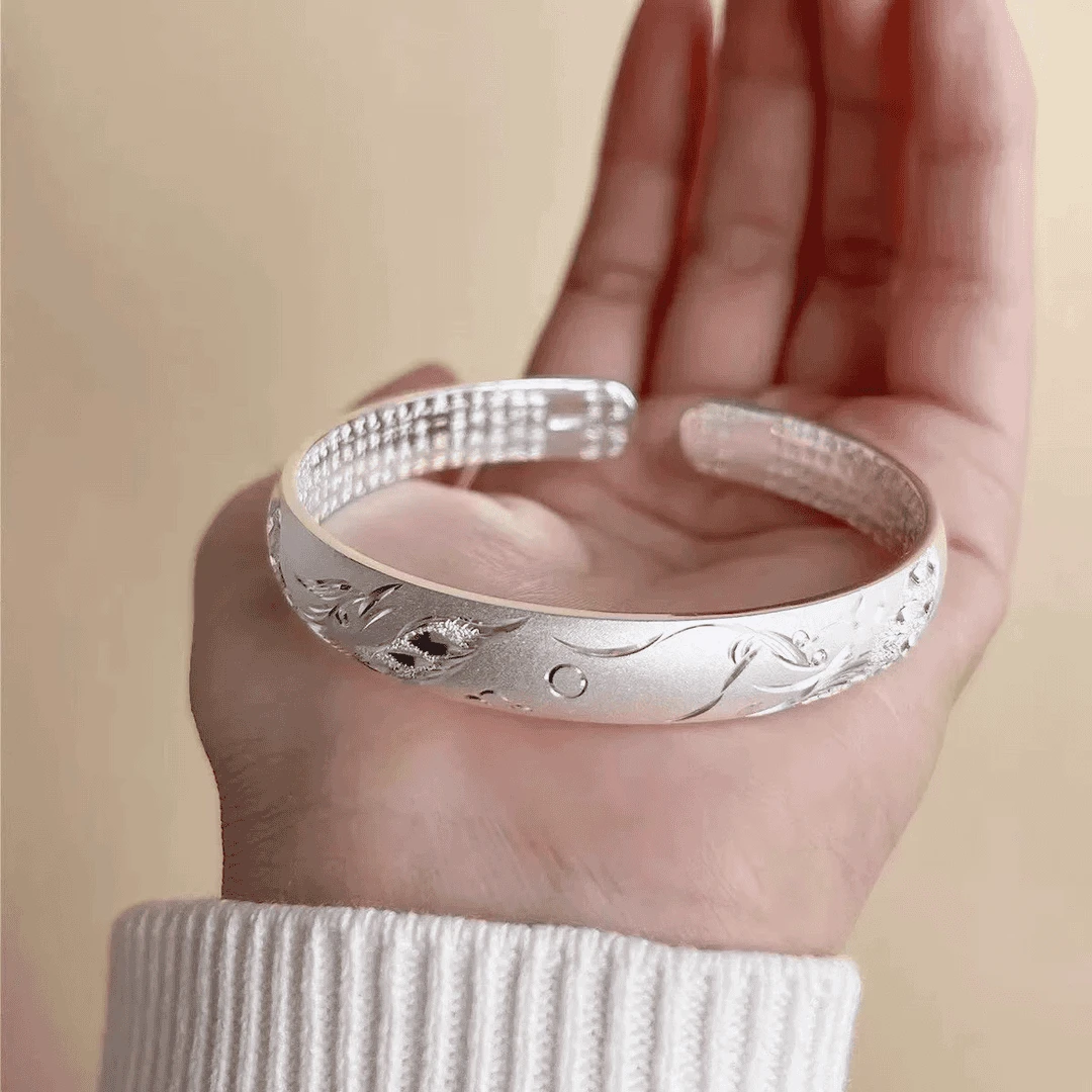 足银手镯龙凤古法心经纯银手镯女999莲花开口足银镯子母亲节礼物