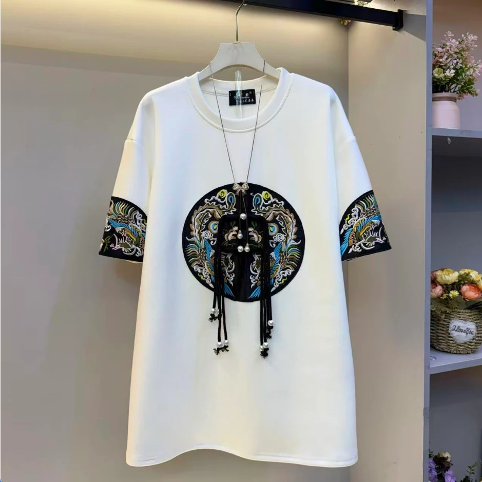 新款大码女装时尚洋气复古国风宽松百搭纯色遮肉显瘦半袖