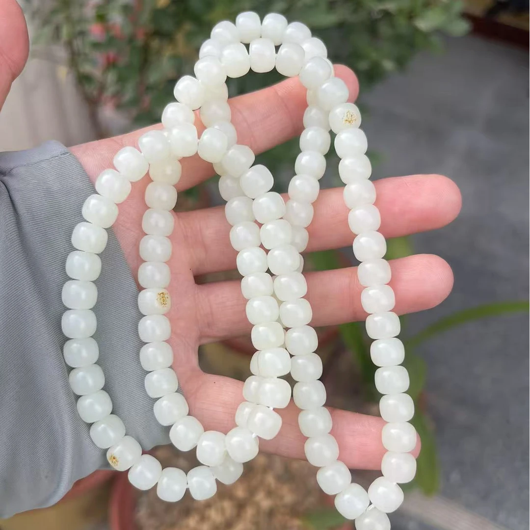 天然新疆和田玉山料老型珠8毫米108颗项链多圈手链念珠颈饰男士