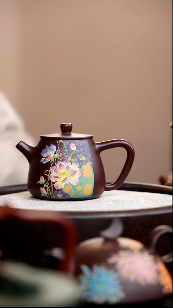 茶壶紫砂紫脂泥高石瓢泥绘荷花