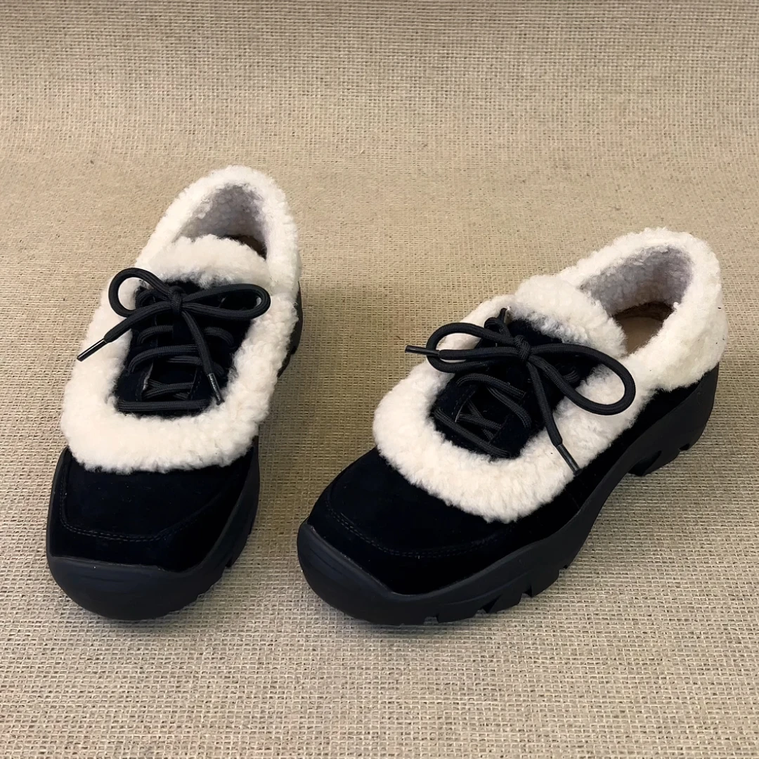 RubyL/5cm复古通勤系带拼色百搭舒适圆头内增高加绒毛毛单鞋女款