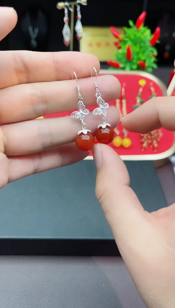 【闪购商品】南红玛瑙耳饰银S925镶嵌417000