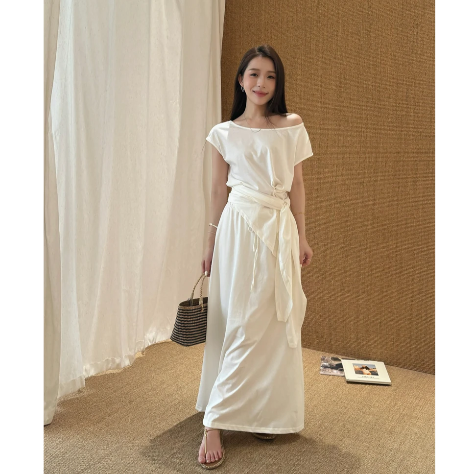 YPP！【素素美女感】定制气质不规则系带T恤披肩半身裙三件套