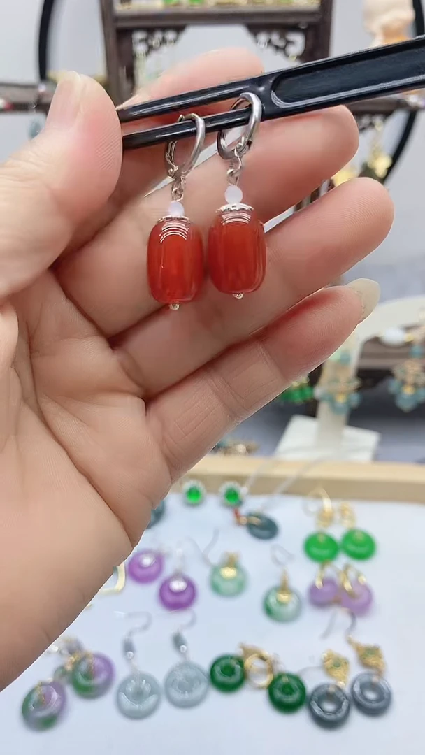 南红玛瑙银S925镶嵌耳饰176