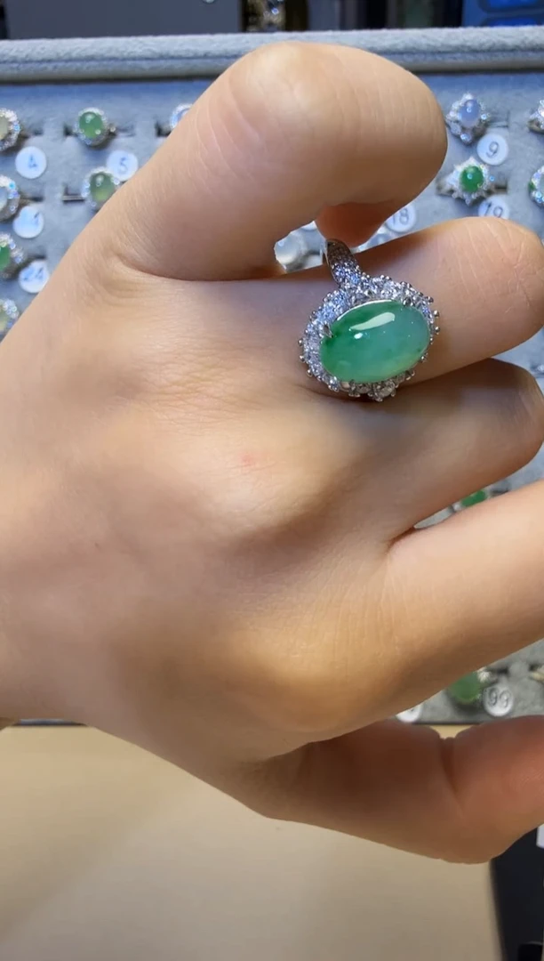 银S925镶嵌戒指翡翠925银镶缅甸A货翡翠戒指37