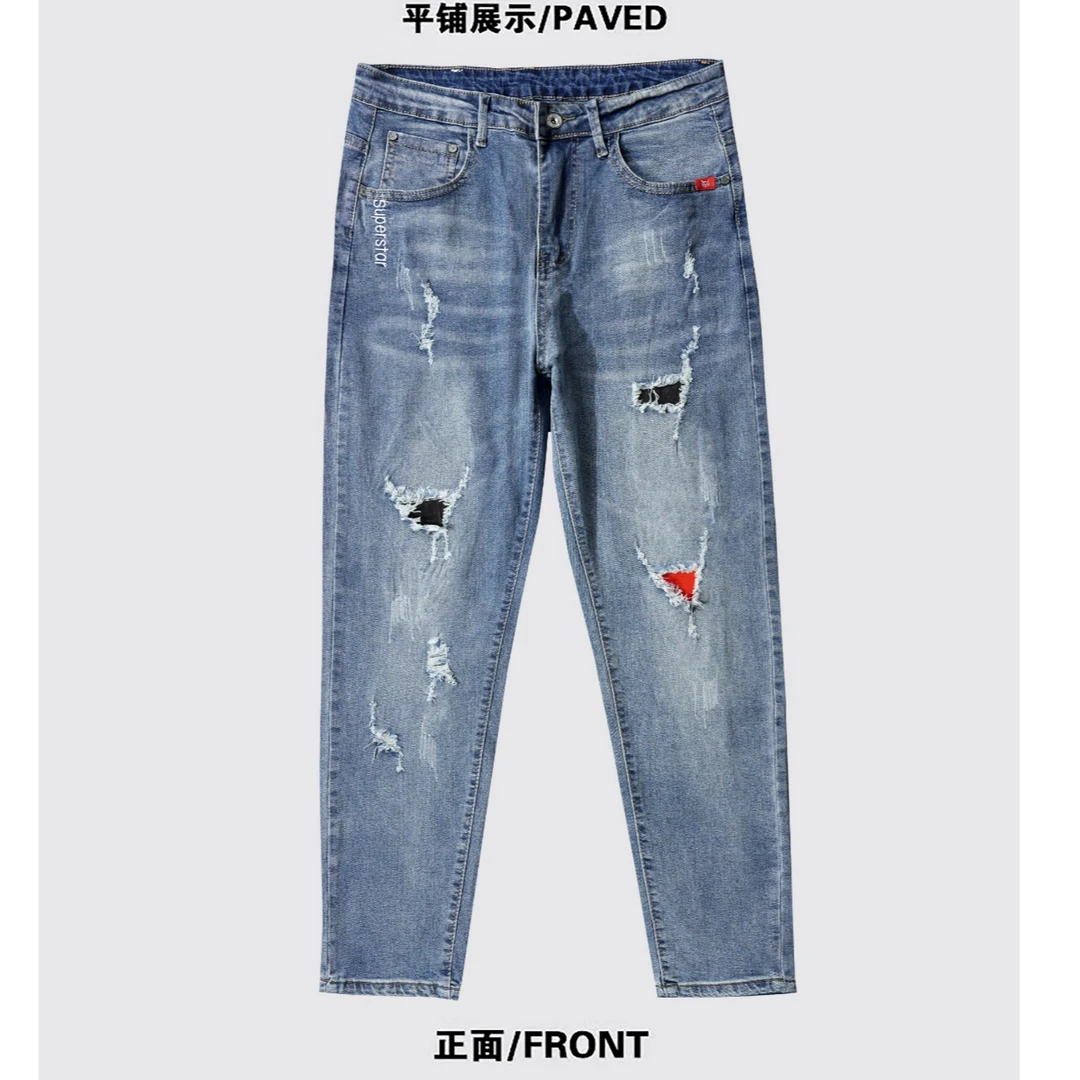 夏季超薄男士欧版软牛仔中高弹刺绣破洞潮流牛仔裤冰蓝色九分裤
