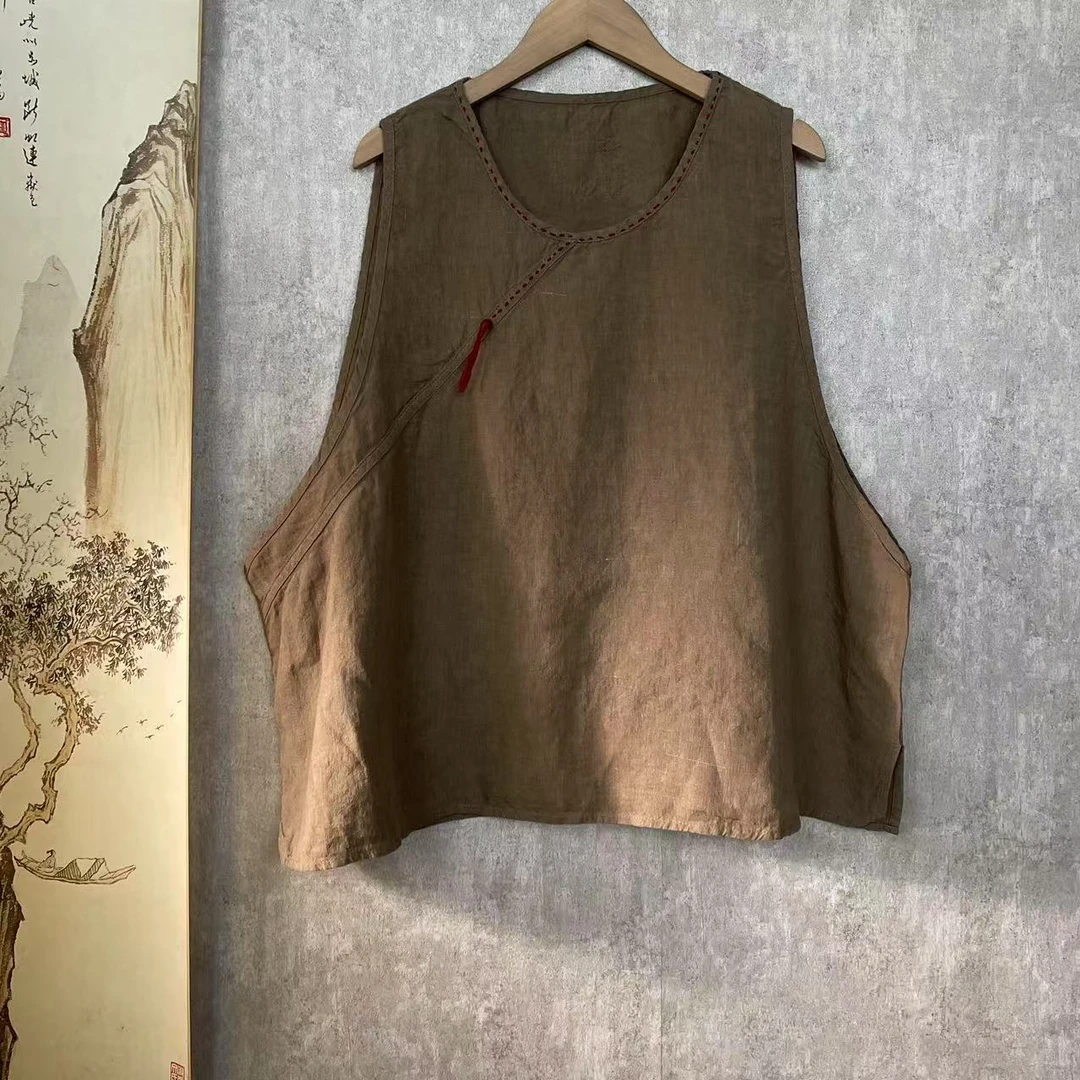 芬雅原创复古亚麻明线休闲马甲长中式文艺长62胸围136