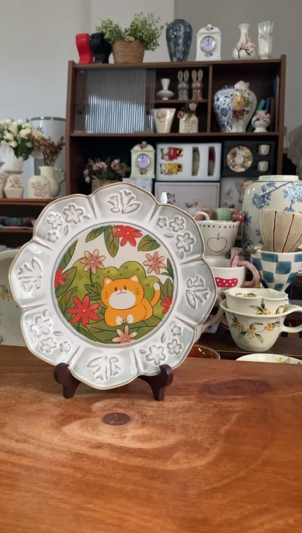 陶瓷【清仓价】做旧小猫花瓣盘