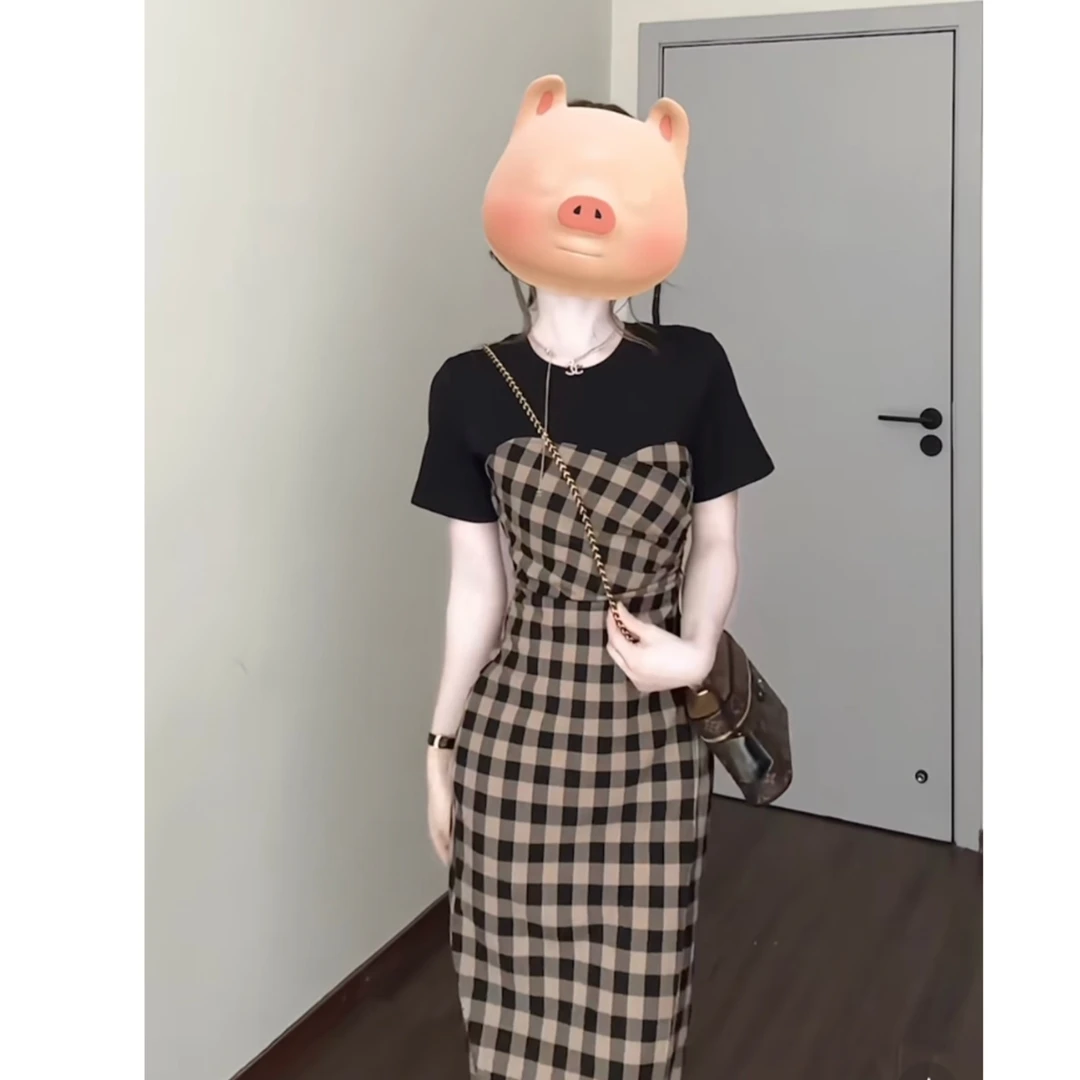 大码【黑巧摩卡】复古高级感拼接格子连衣裙洋气法式设计感裙子