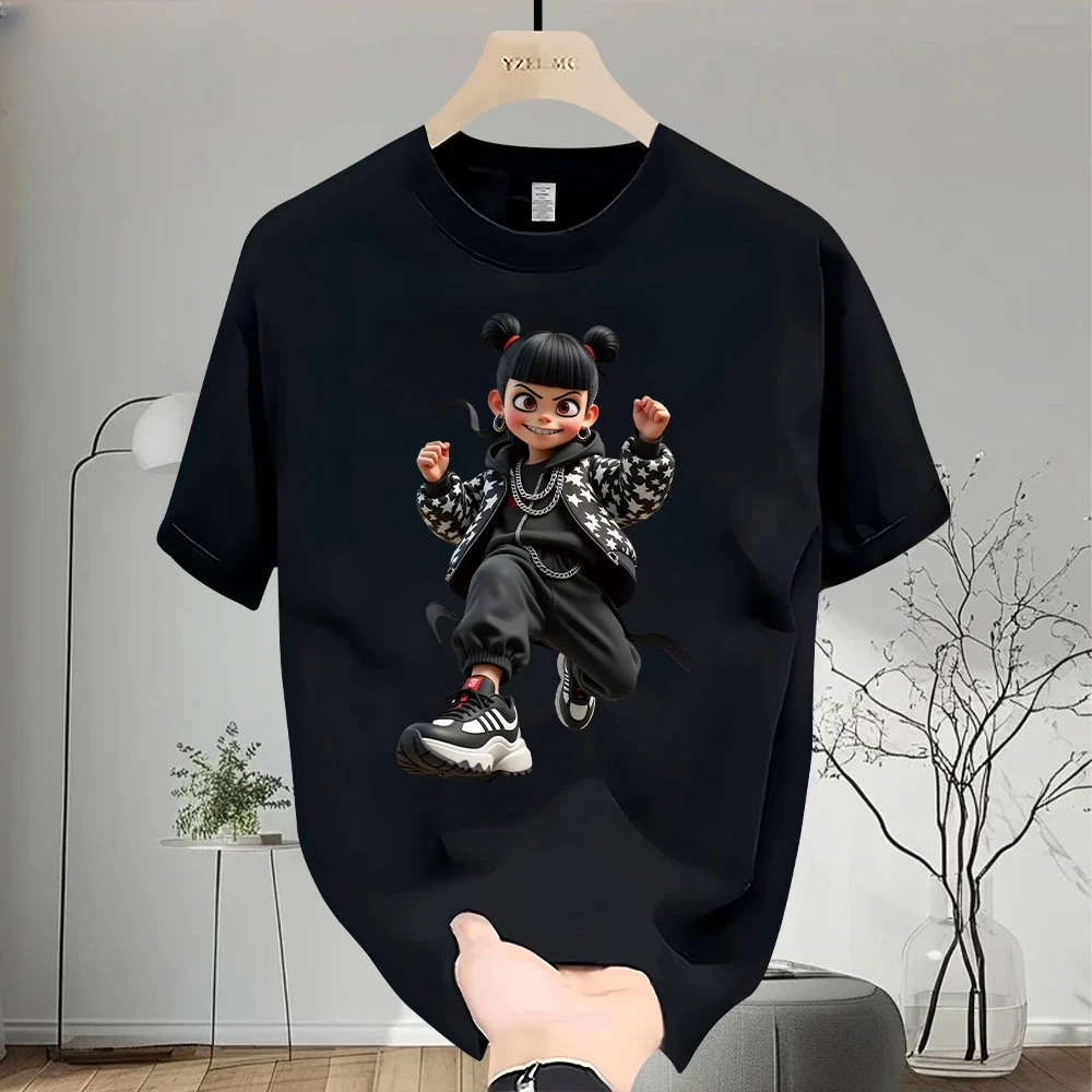 夏季个性哪吒印花宽松高级设计男款百痞帅搭圆领纯棉短袖男士百搭