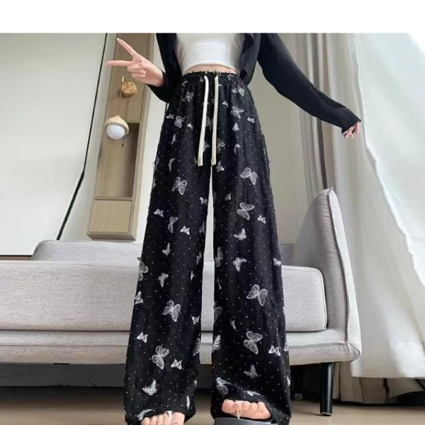 国风蝴蝶高腰女裤遮肉百搭显瘦个性破洞夏季小众宽松甜美长裤阔腿