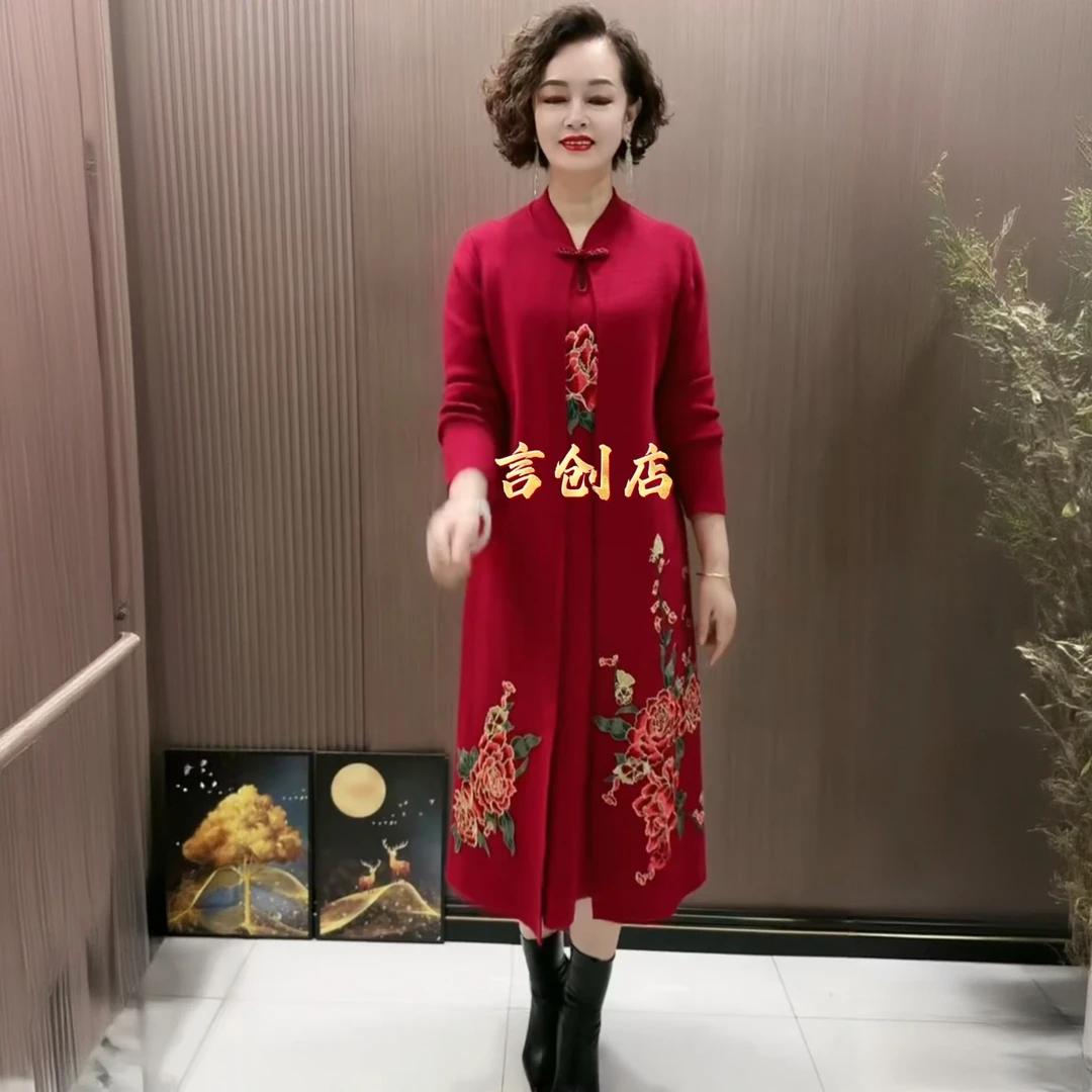 9125长袖假二件套头高弹力韩版提花针织连衣裙宽松长裙喜婆婆155