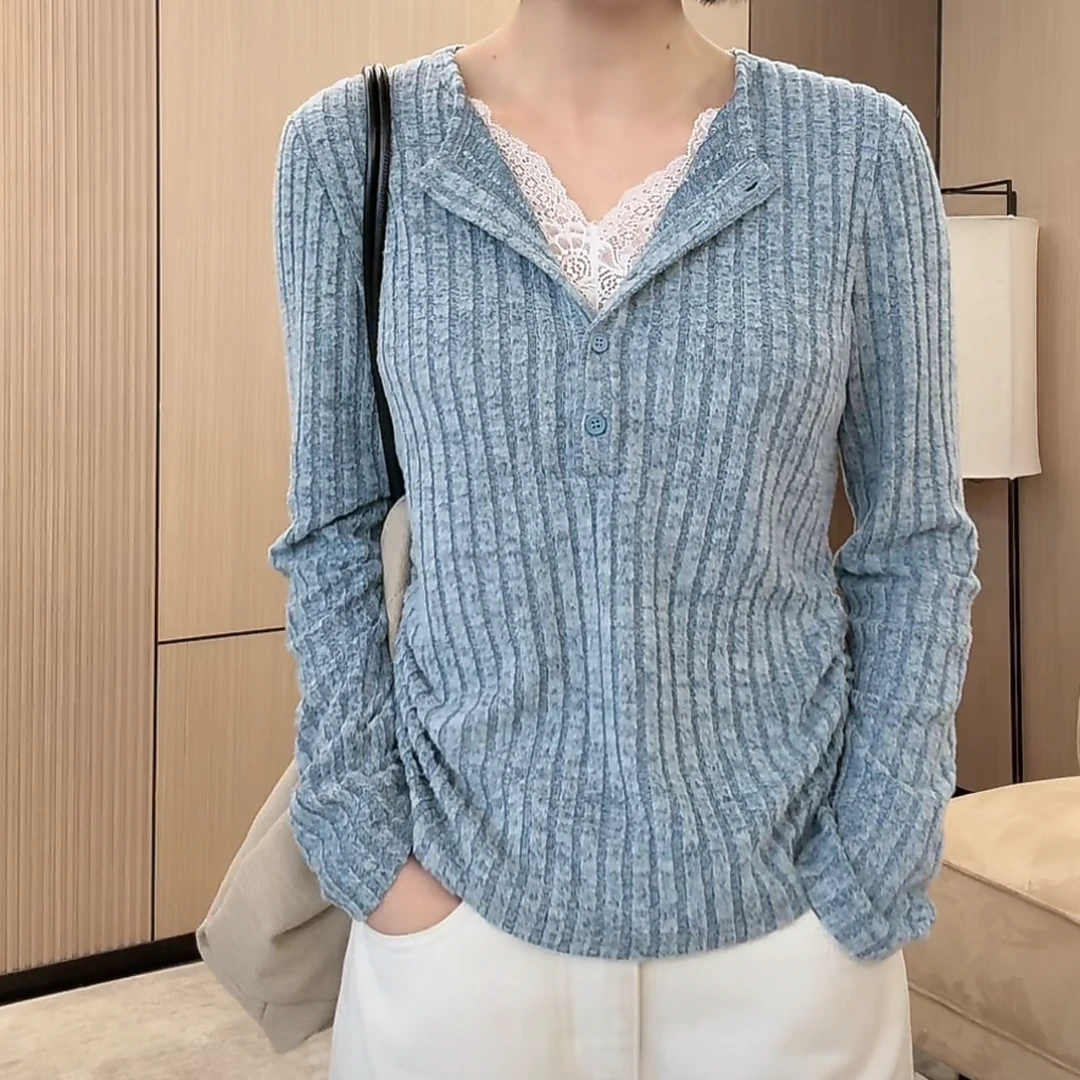 设计感蕾丝拼接V领长袖T恤女秋冬温柔软糯亲肤修身显瘦针织衫上衣