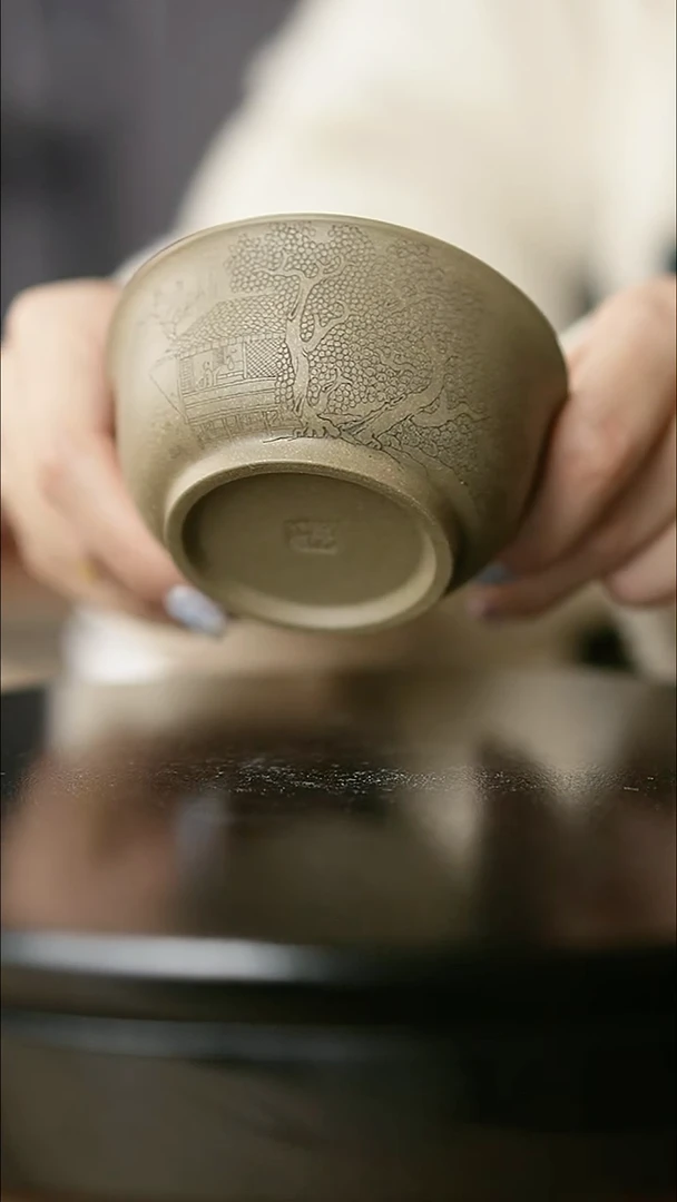 茶杯紫砂学舟刻绘青段普洱杯