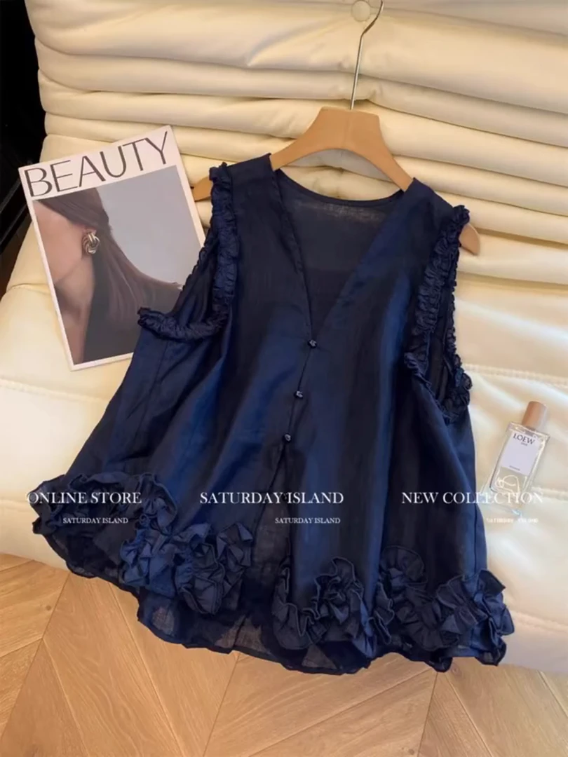 藏青色褶皱木耳边拼接V领无袖衬衫女2025夏新款复古洋气减龄上衣
