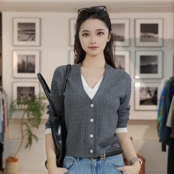 【粉丝专属】曼德诗显瘦女毛针织衫针织外套纯色拼接长袖