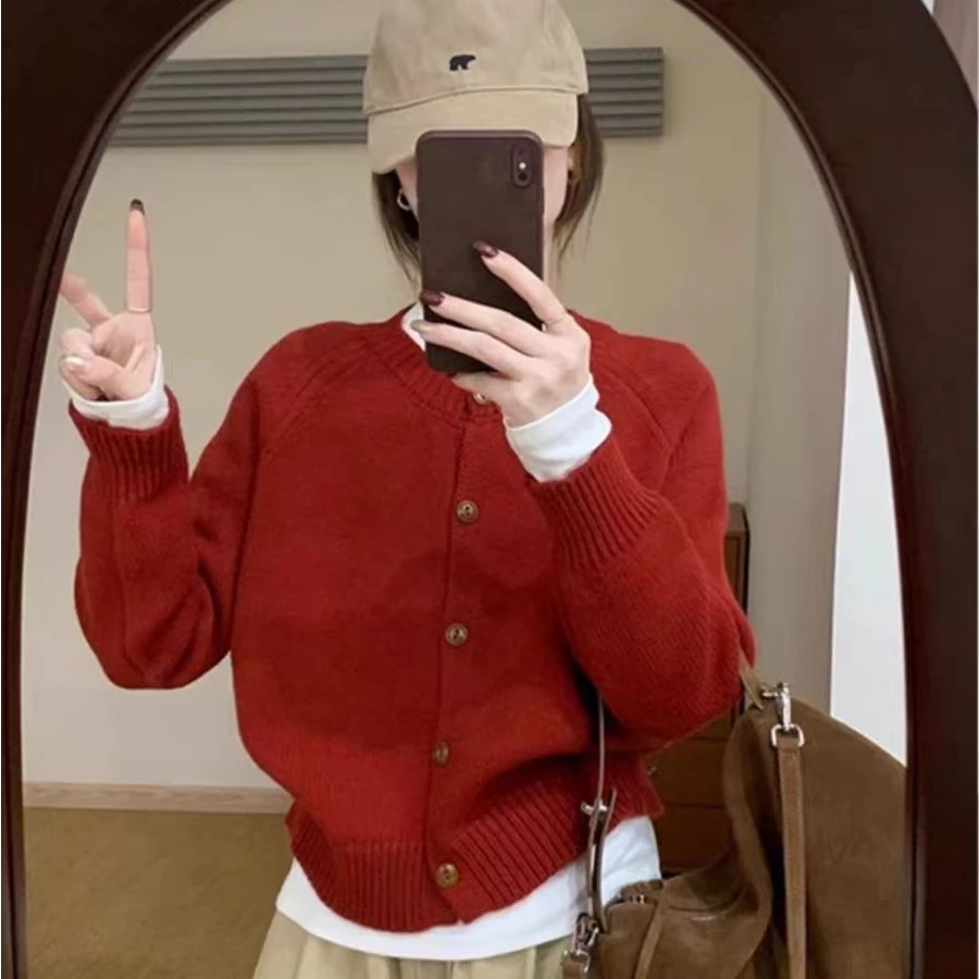 2025秋冬季新款韩系复古圆领单排纽扣毛衣女款小个子短款针织开衫