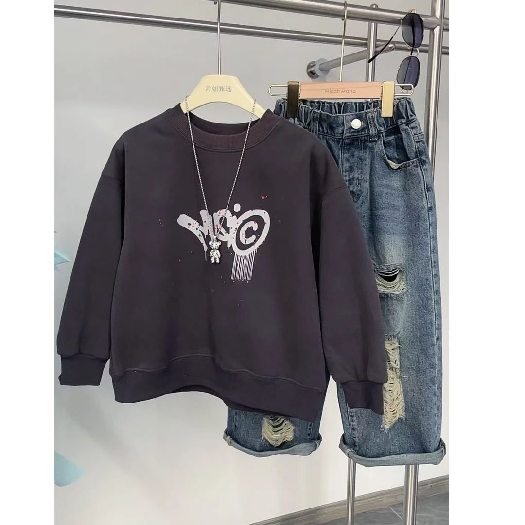 509158 灰 韩版男童女童新款秋款时尚儿童洋气百搭休闲加绒卫衣