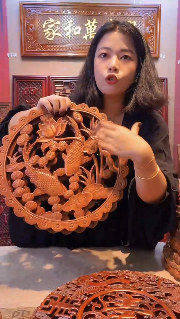 香樟木木雕款38荷花鲤鱼