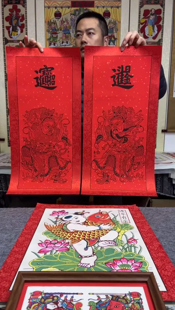 精裱墨线龙虎门神一对手工制作精品