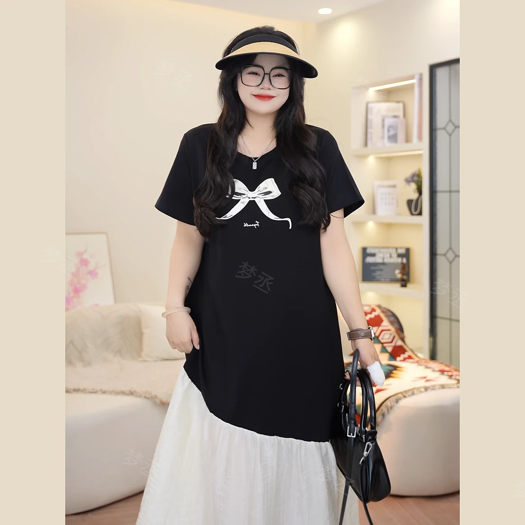 梦丞-大码女装夏季时尚蝴蝶结法式拼接裙子洋气遮肉短袖连衣裙女
