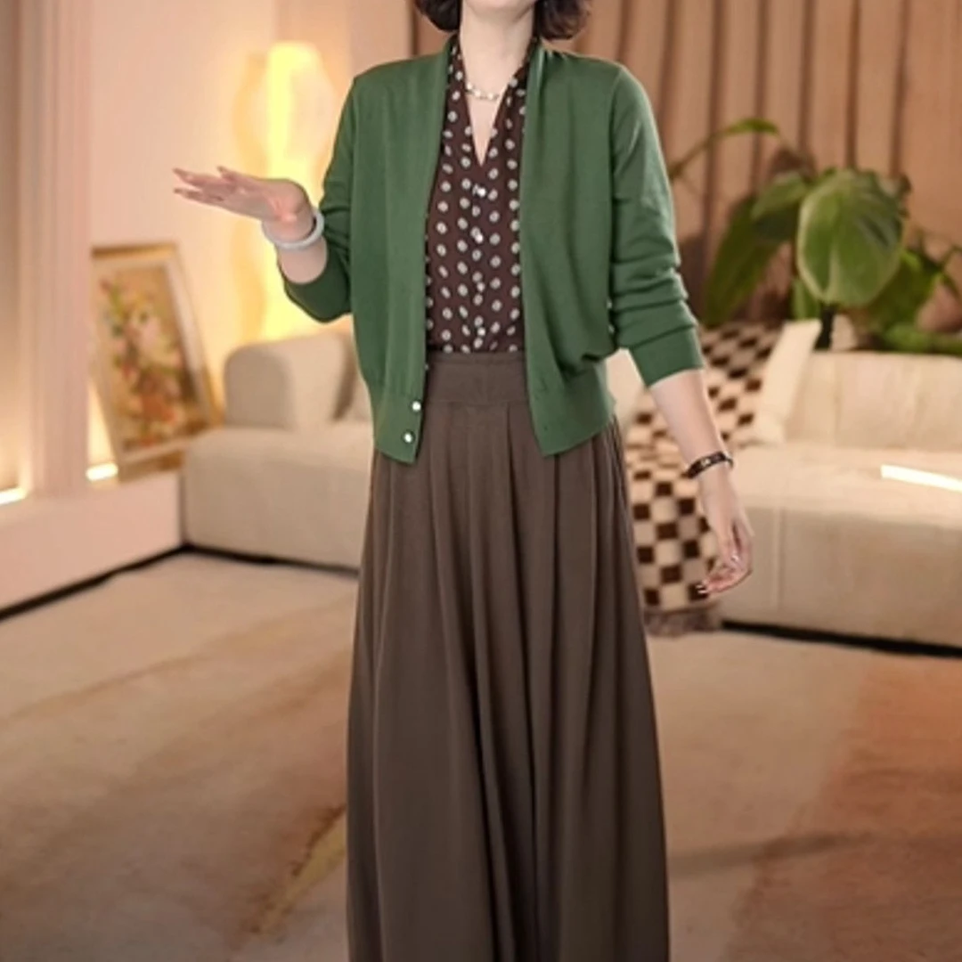 【中式套装】秋上新优雅中式轻奢波点假两件针织衫遮肉半身裙 99494