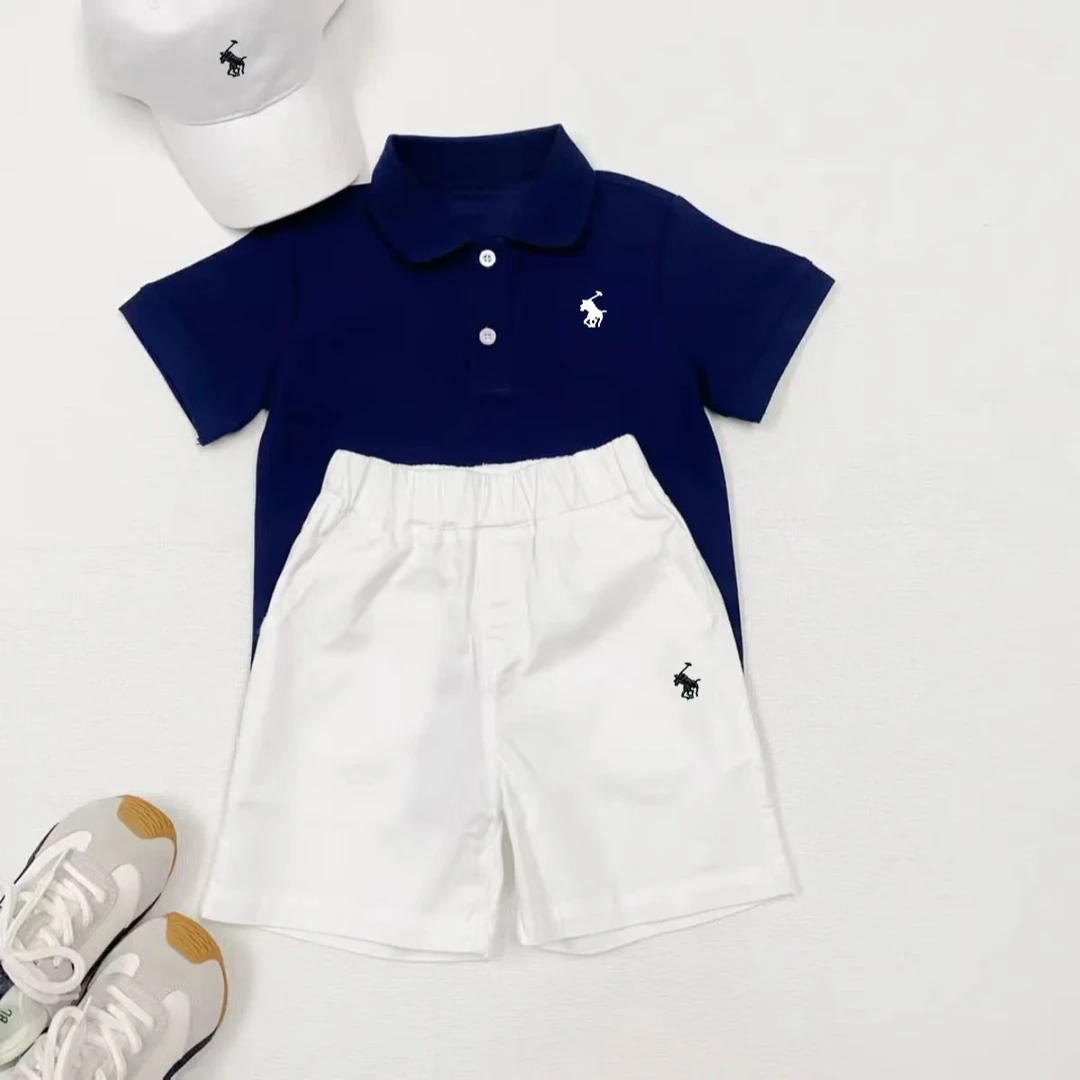 夏季透气纯色POLO衫儿童休闲短袖带领T恤衫短裤套装半袖衬衫