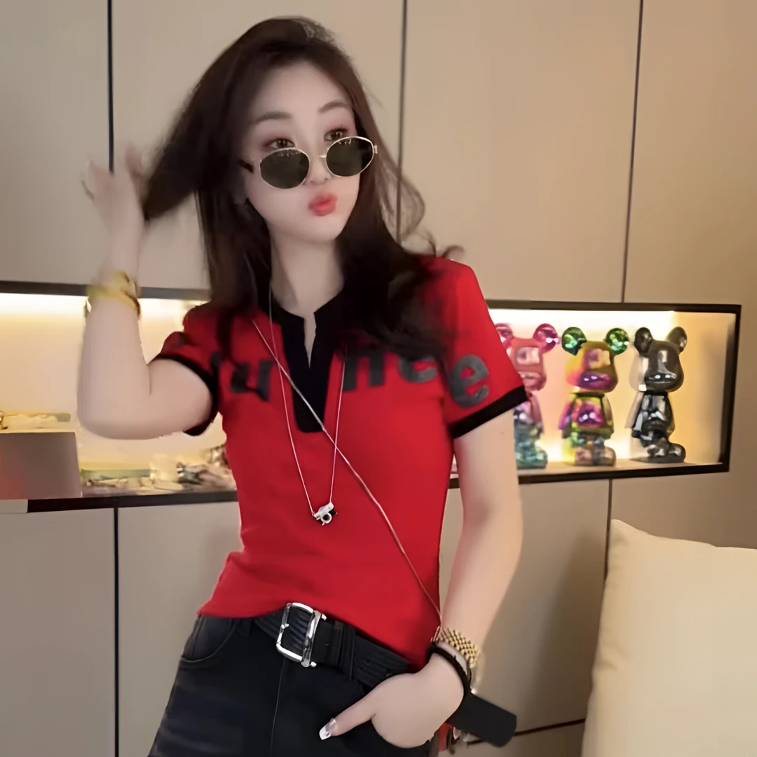 艾T恤修身V领ol休闲洋气字母撞色印花显瘦套装短袖运动风数字