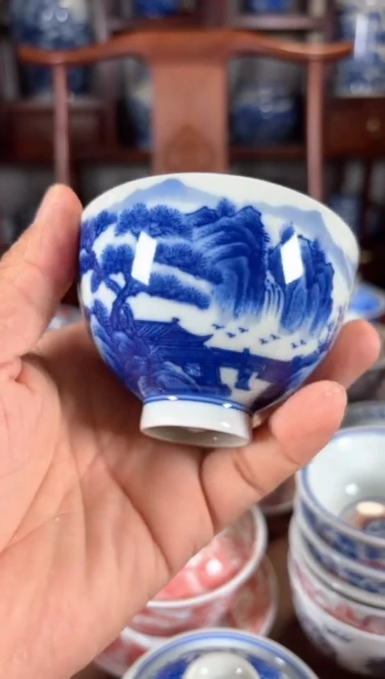 柴窑青花山水鸡心杯杯