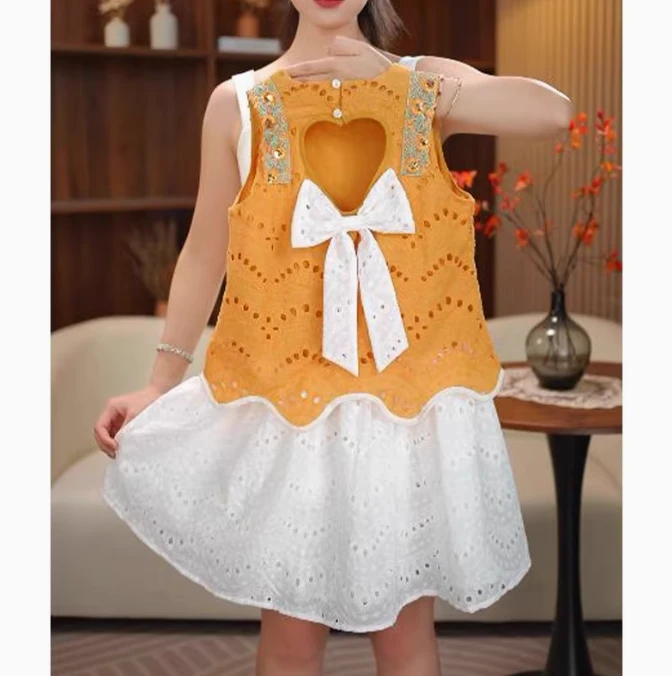 女童夏季新款连衣裙镂空女宝宝后背蝴蝶结拼接背心裙