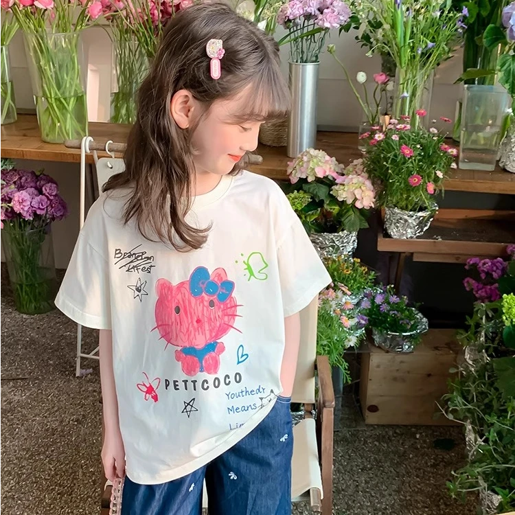 女童夏装短袖t恤2025新款洋气儿童夏季半袖小女孩纯棉体恤上衣潮