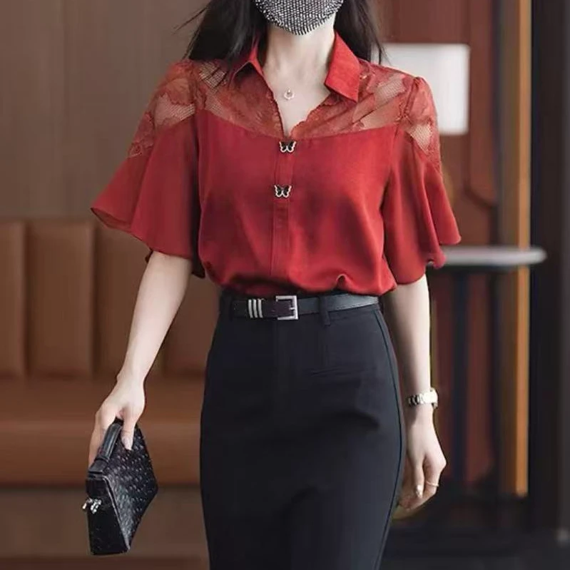 2025夏季新款蕾丝拼接衬衫时尚百搭气质短袖女士上衣3687长57