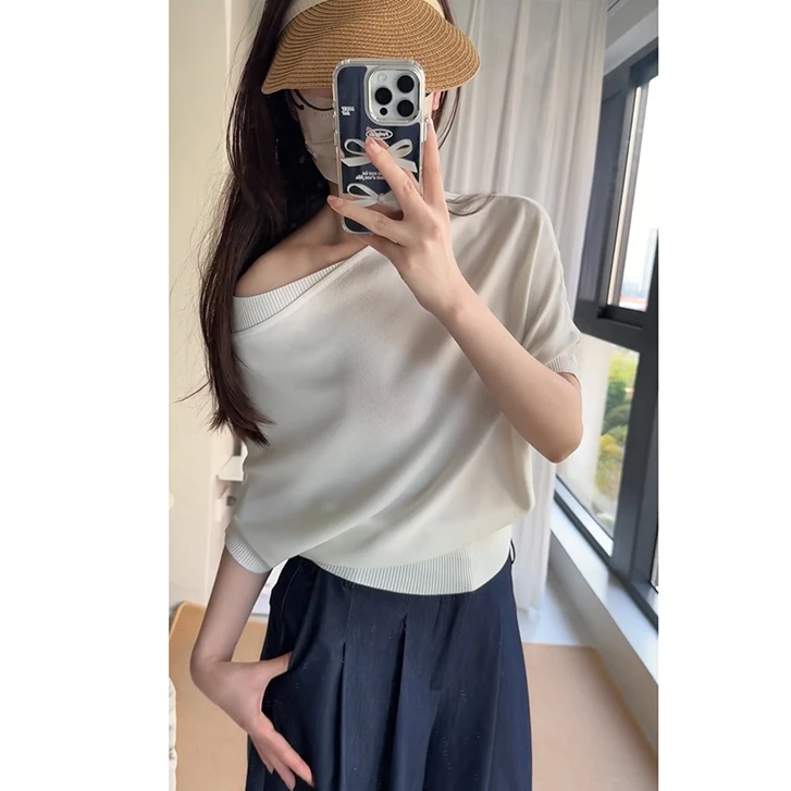 法式辣妹白色露肩收腰短袖针织T恤女纯欲百搭宽松显瘦短款上衣夏