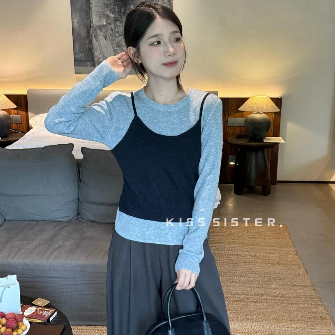 韩系撞色假两件长袖针织衫女2025秋季新款修身显瘦外穿吊带小上衣