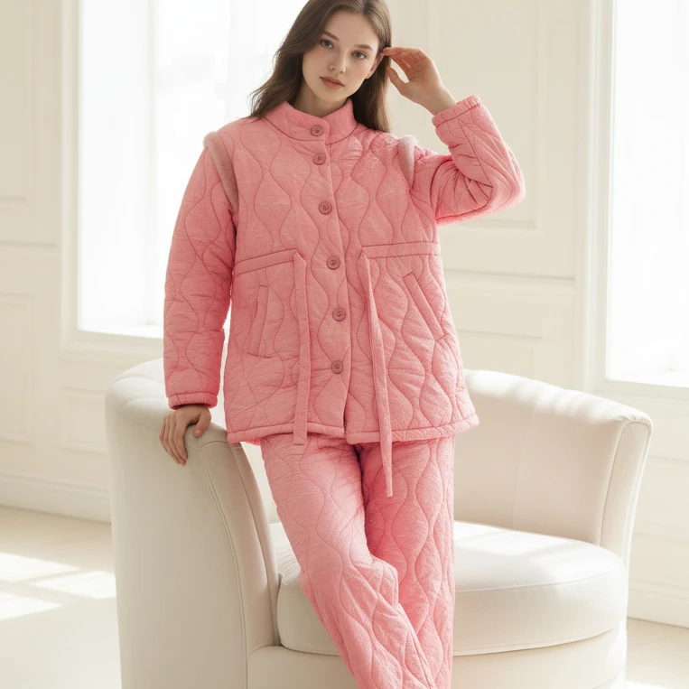 芬腾2025冬季新款夹棉睡衣女士加厚加绒防风三层纯色家居服套装