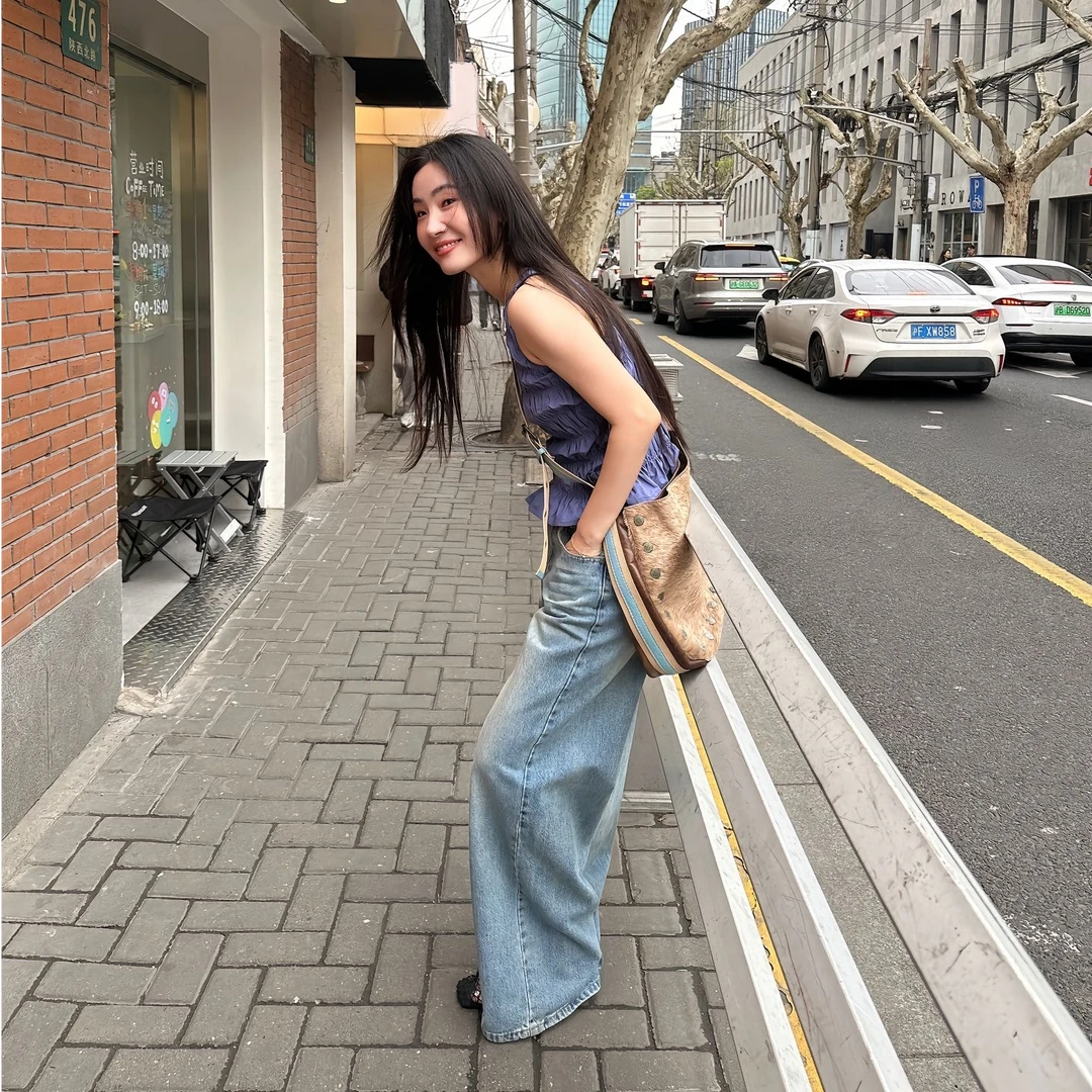 逸语IN choose u笑笑家2025夏季拼接腰头牛仔裤女宽松阔腿裤89779