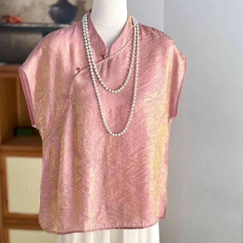 322【流光溢彩】新中式国风粉色浮光斜襟短袖衬衫夏季改良上衣