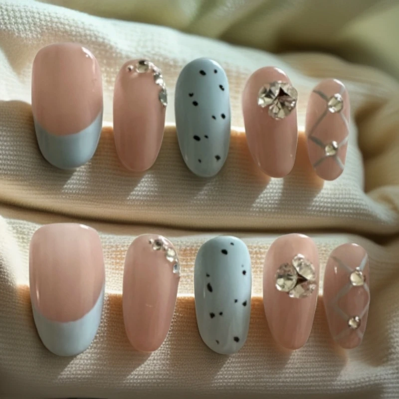 法式波点皮粉裸色显白高级感公主千金芭蕾风格穿戴甲