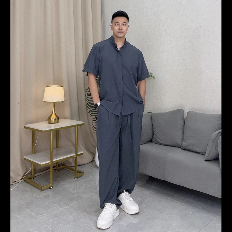 夏季老钱风英伦时尚衬衫套装男女同款两件套薄款短袖垂感休闲裤