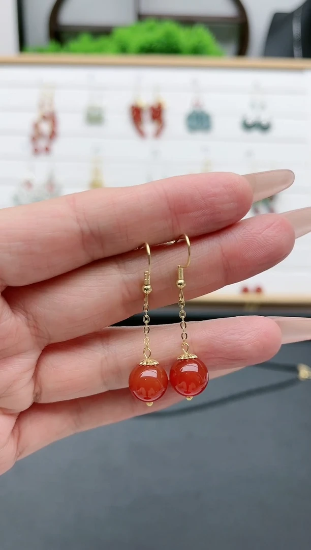 【闪购商品】南红玛瑙耳饰银S925镀金镶嵌18链条款